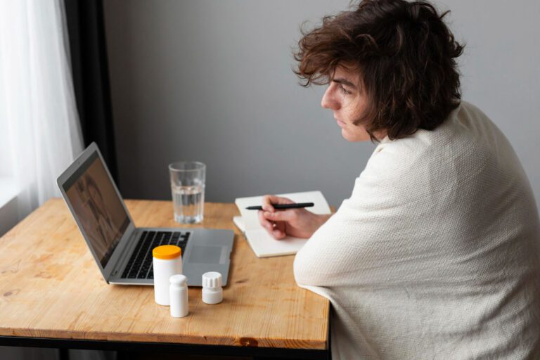 woman using laptop for Online Alcohol Rehab program in Nova Scotia